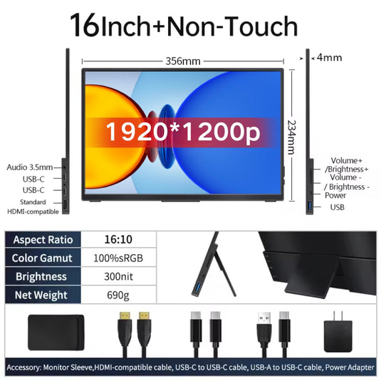 [AF16] 16 Inch 1920*1200p & 2.5k FHD Touch Screen Portable Monitor with Type-C USB HDMI-Compatible for Expand Mobile PC Laptop Game Display ERESE