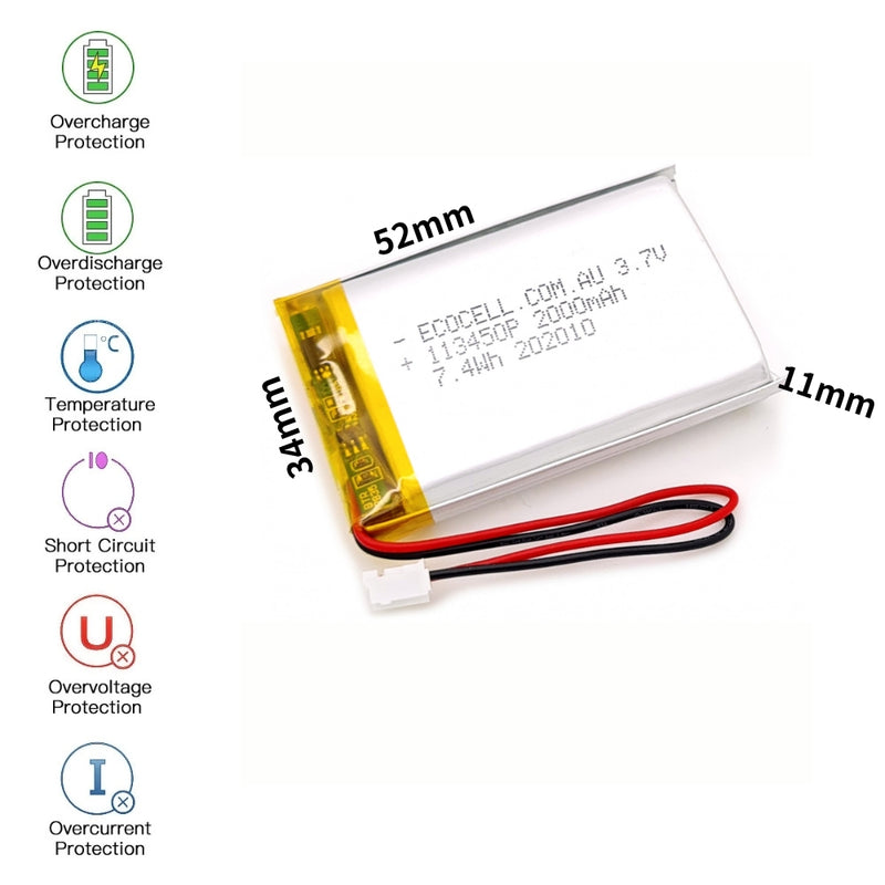 Chargez l&#39;image dans la visionneuse de la galerie, [PH2.0-JST Connector][113450] Universal 2000mAh 3.7V Rechargeable Li-Ion Lithium Polymer Battery - Polar Tech Australia
