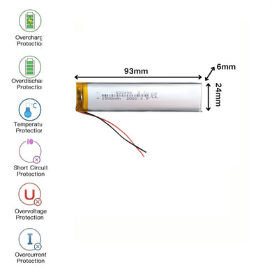 [PH2.0-JST Connector][602493] Universal 1600mAh 3.7V Rechargeable Li-Ion Lithium Polymer Battery - Polar Tech Australia