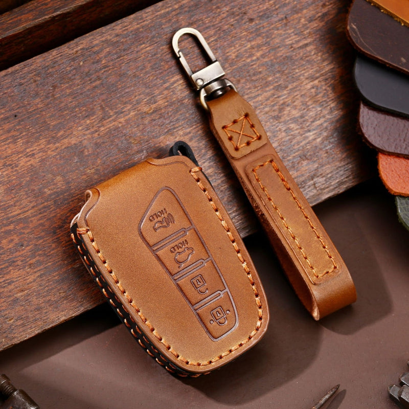 Load image into Gallery viewer, Hyundai Handcrafted Genuine Leather Car Key Fob Protective Case Cover For Santa Fe, Sport, Ix45, Equus, Centennial, Genesis G80, Grandeur, Azera
