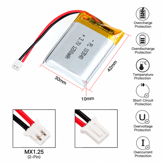 [MX1.25-JST Connector][103040] Universal 1200mAh 3.7V Rechargeable Li-Ion Lithium Polymer Battery