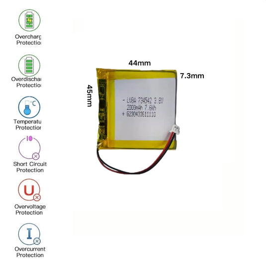 [PH2.0-JST Connector][734542] Universal 2000mAh 3.8V Rechargeable Li-Ion Lithium Polymer Battery - Polar Tech Australia