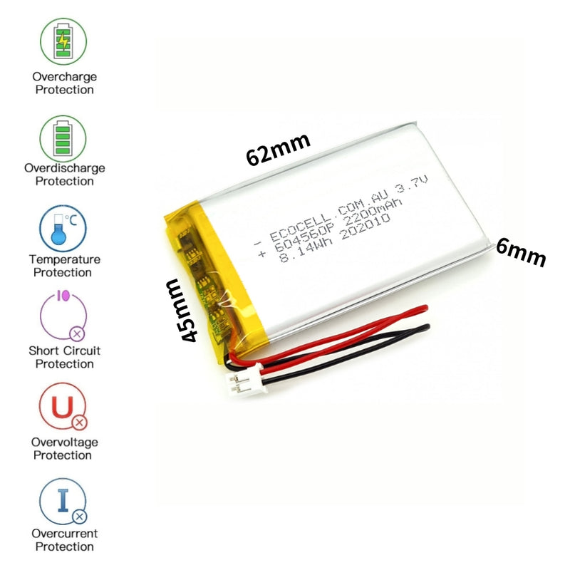 Cargue la imagen en el visor de la galería, [PH2.0-JST Connector][604560] Universal 2200mAh 3.7V Rechargeable Li-Ion Lithium Polymer Battery - Polar Tech Australia
