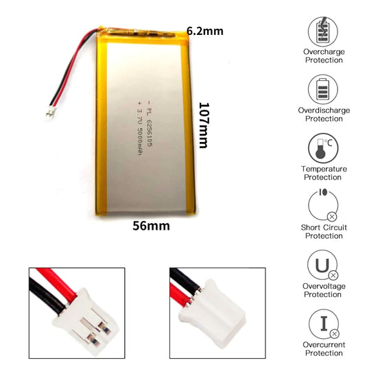 [PH2.0-JST Connector][6256105] Universal 5000mAh 3.7V Rechargeable Li-Ion Lithium Polymer Battery - Polar Tech Australia