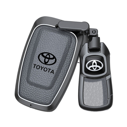 Toyota Zinc Alloy with Genuine Leather Full-Coverage Car Key Fob Protective Case Cover For RAV4, Camry, C-HR, Corolla, Prado, Prius