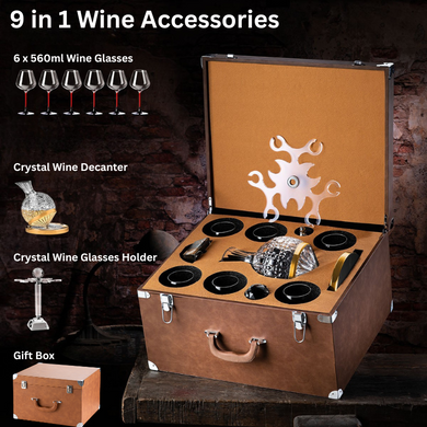 [9 in 1] Wine Accessories Gift Box Luxury 360° Rotating Crystal Hand Blown Wine Decanter with wine glasses and rack