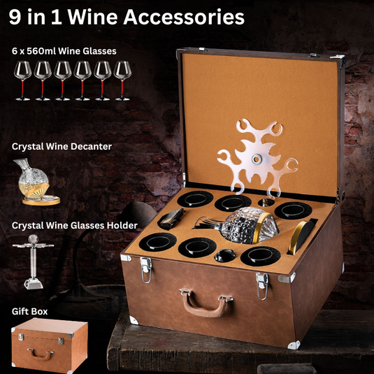 [9 in 1] Wine Accessories Gift Box Luxury 360° Rotating Crystal Hand Blown Wine Decanter with wine glasses and rack