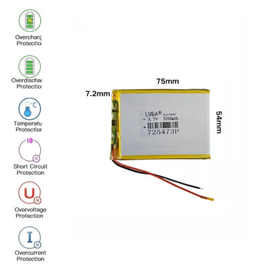 [PH2.0-JST Connector][725473] Universal 3200mAh 3.7V Rechargeable Li-Ion Lithium Polymer Battery - Polar Tech Australia