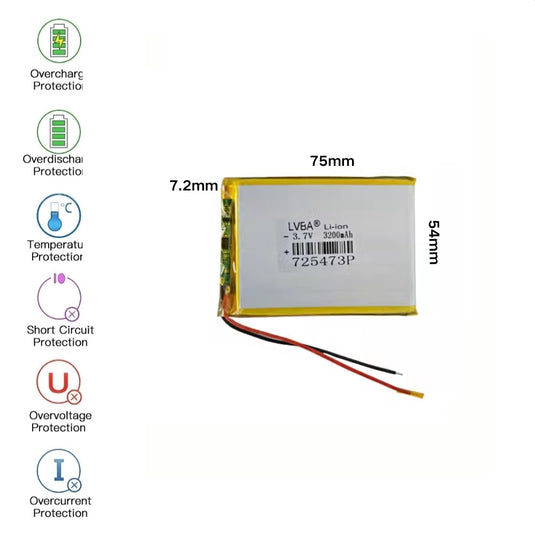[PH2.0-JST Connector][725473] Universal 3200mAh 3.7V Rechargeable Li-Ion Lithium Polymer Battery - Polar Tech Australia