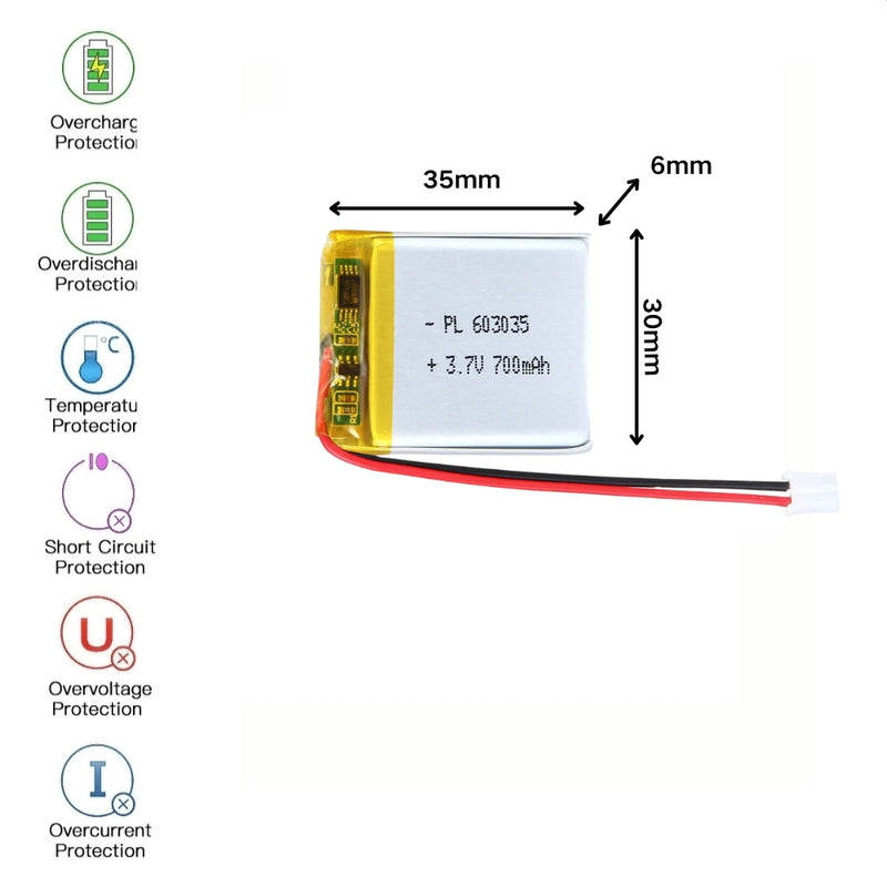 Chargez l&#39;image dans la visionneuse de la galerie, [PH2.0-JST Connector][603035] Universal 700mAh 3.7V Rechargeable Li-Ion Lithium Polymer Battery - Polar Tech Australia
