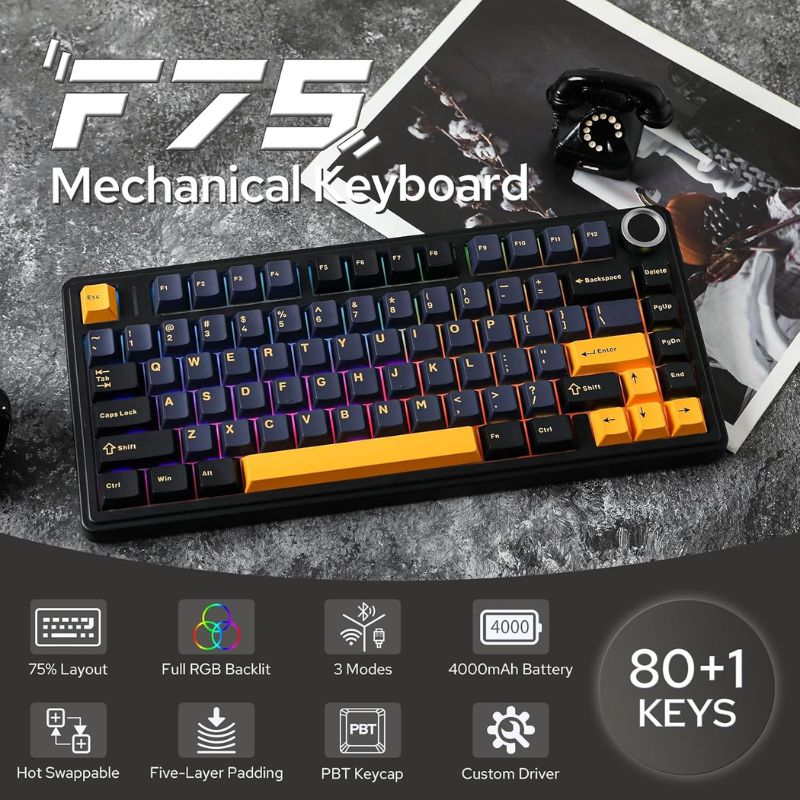 Chargez l&#39;image dans la visionneuse de la galerie, Aula F75 Gasket Mechanical Keyboard, 75% Wireless Hot Swappable Gaming Keyboard with Five-Layer Padding&amp;Knob, Bluetooth/2.4GHz/USB-C, RGB
