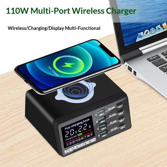 [838W] QUALCOMM 100W 8 puertos (4 x Type-C + 4 USB) PD y QC 3.0 y cargador rápido inalámbrico Estación adaptadora de cargador inalámbrico con medidor de corriente/voltaje