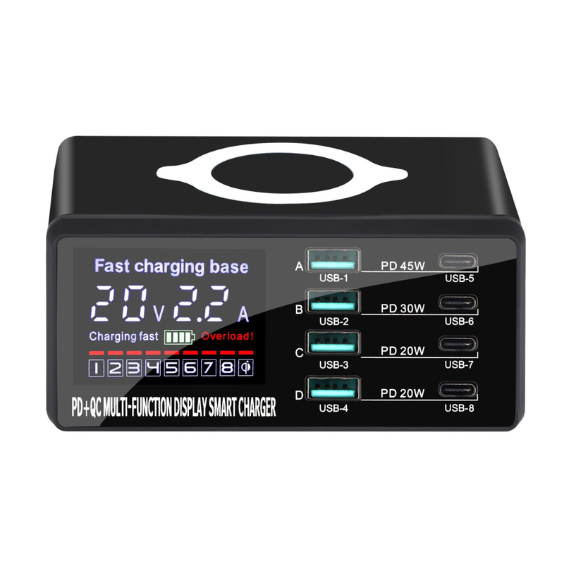 Cargue la imagen en el visor de la galería, [838W] QUALCOMM 100W 8 puertos (4 x Type-C + 4 USB) PD y QC 3.0 y cargador rápido inalámbrico Estación adaptadora de cargador inalámbrico con medidor de corriente/voltaje

