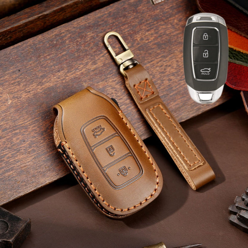Load image into Gallery viewer, Hyundai Handcrafted Genuine Leather Car Key Fob Protective Case Cover For Santa Fe, Tucson, Palisade, Kona, Santa Fe, Azera
