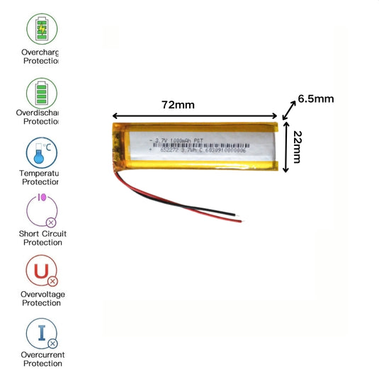 [PH2.0-JST Connector][652272] Universal 1000mAh 3.7V Rechargeable Li-Ion Lithium Polymer Battery - Polar Tech Australia