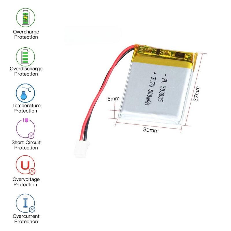 Cargue la imagen en el visor de la galería, [PH2.0-JST Connector][503035] Universal 500mAh 3.7V Rechargeable Li-Ion Lithium Polymer Battery - Polar Tech Australia
