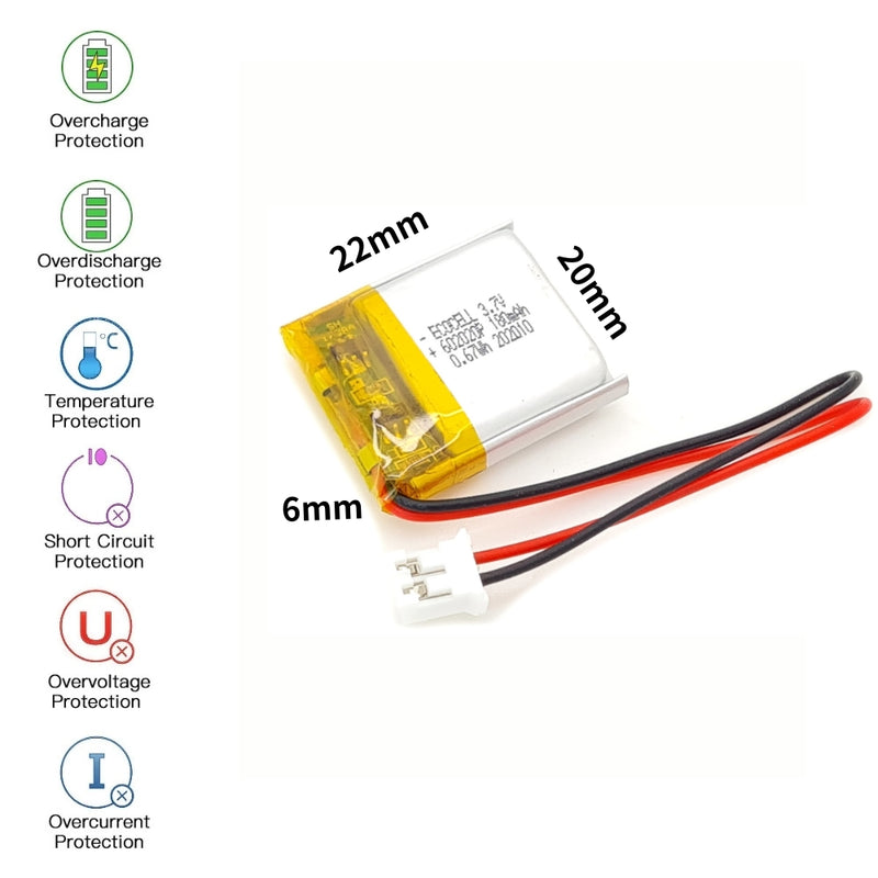 Cargue la imagen en el visor de la galería, [PH2.0-JST Connector][602020] Universal 180mAh 3.7V Rechargeable Li-Ion Lithium Polymer Battery - Polar Tech Australia

