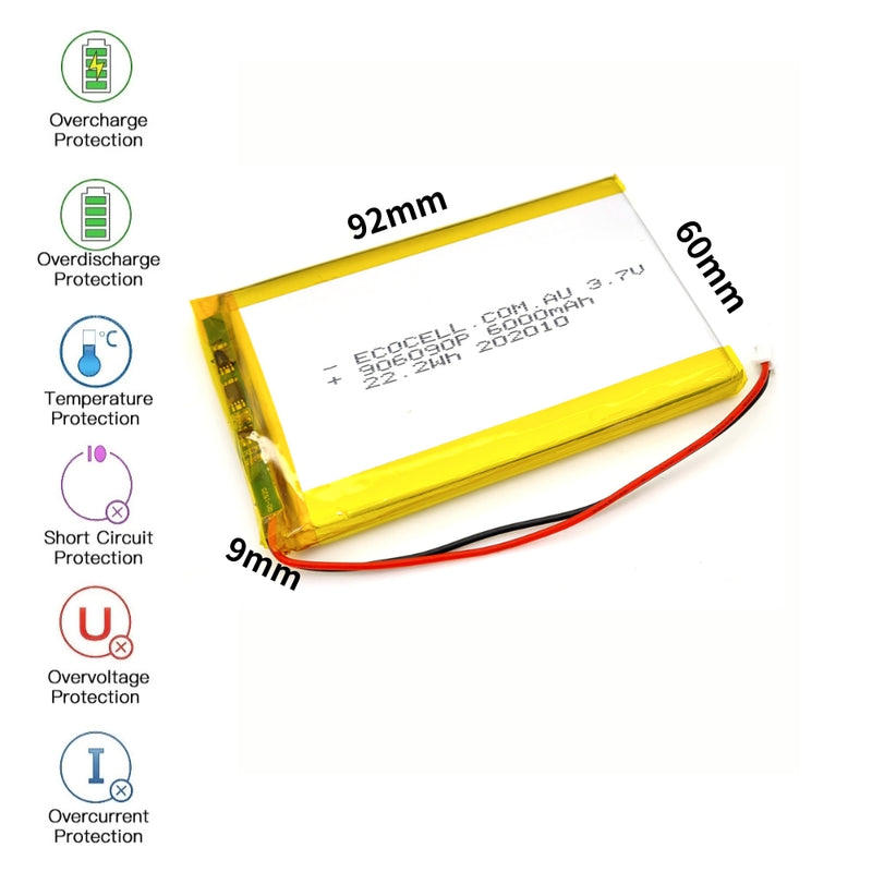 Cargue la imagen en el visor de la galería, [PH2.0-JST Connector][906090] Universal 6000mAh 3.7V Rechargeable Li-Ion Lithium Polymer Battery - Polar Tech Australia
