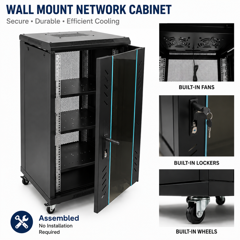 Cargue la imagen en el visor de la galería, [Assembled][Built-in Fan] 18U 22U 27U Heavy Duty Network Server CCTV PoE Switch Free Standing Cabinet Rack Lockable Enclosure
