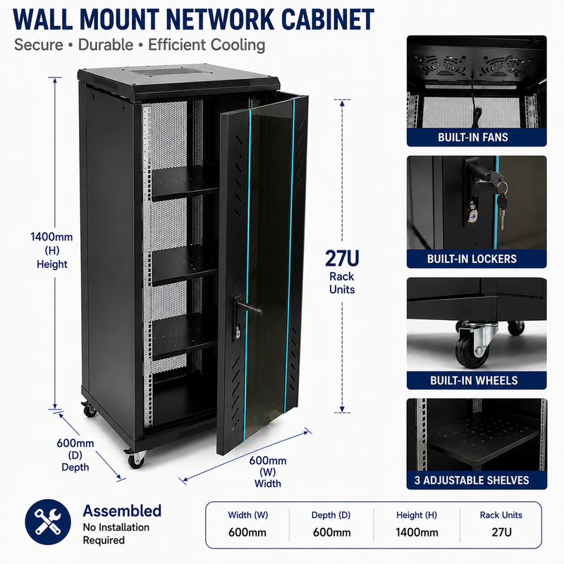 Cargue la imagen en el visor de la galería, [Assembled][Built-in Fan] 18U 22U 27U Heavy Duty Network Server CCTV PoE Switch Free Standing Cabinet Rack Lockable Enclosure
