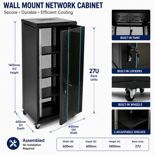 [Assembled][Built-in Fan] 18U 22U 27U Heavy Duty Network Server CCTV PoE Switch Free Standing Cabinet Rack Lockable Enclosure
