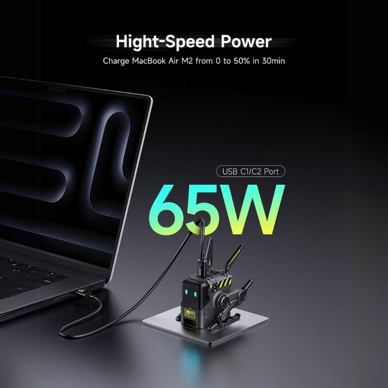 Cargue la imagen en el visor de la galería, GravaStar Power Strip + GravaStar 65W USB C Charger, Alpha65 Robot Fast GaN Charger Block, 3-Port Fast Power Adapter, Foldable Compact Wall USB C Charge
