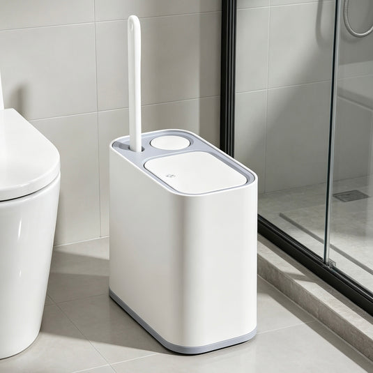 2-in-1 Bathroom Trash Can with Toilet Brush – Slim Waste Bin with 6 Disposable Brush Heads