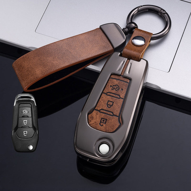 Chargez l&#39;image dans la visionneuse de la galerie, Ford Zinc Alloy Leather Folding Car Key Fob Case Cover For Ranger, Mustang, Everest, Escape, Puma, Transit, Focus, Fiesta, Ranger Raptor, Mondeo
