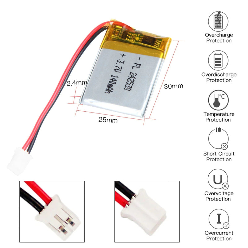 Chargez l&#39;image dans la visionneuse de la galerie, [PH2.0-JST Connector][242530] Universal 140mAh 3.7V Rechargeable Li-Ion Lithium Polymer Battery - Polar Tech Australia
