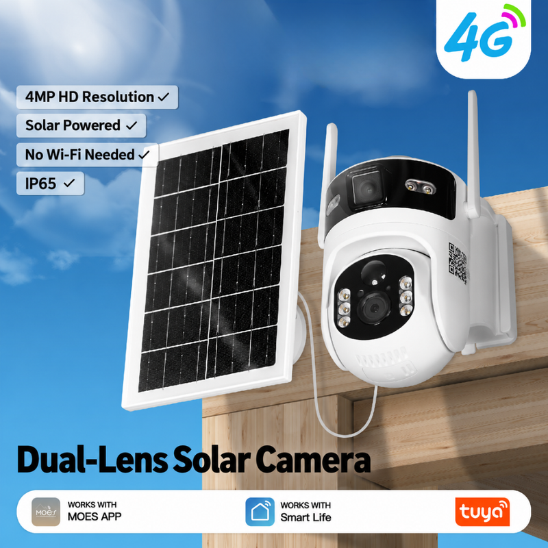Load image into Gallery viewer, [TUYA Smart Home][4G Version][With Solar Panel] Full HD Dual Lens 4MP Wireless WIFI Full Color Day &amp; night IP65 Outdoor PTZ Security Camera

