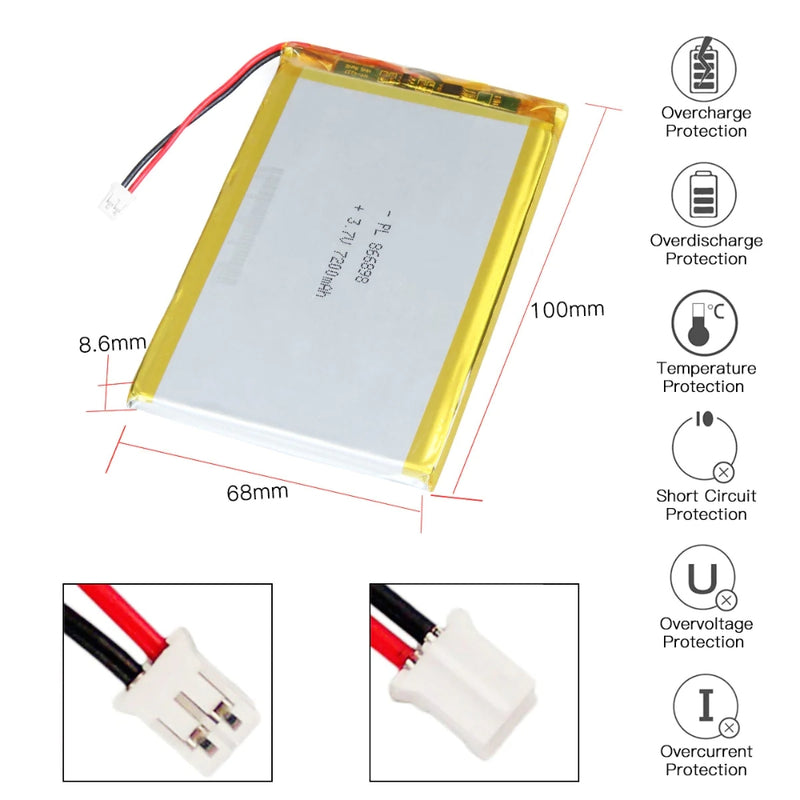 Cargue la imagen en el visor de la galería, [PH2.0-JST Connector][866898] Universal 7200mAh 3.7V Rechargeable Li-Ion Lithium Polymer Battery - Polar Tech Australia
