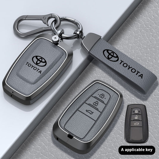 Toyota Zinc Alloy with Genuine Leather Full-Coverage Car Key Fob Protective Case Cover For RAV4, Camry, C-HR, Corolla, Prado, Prius
