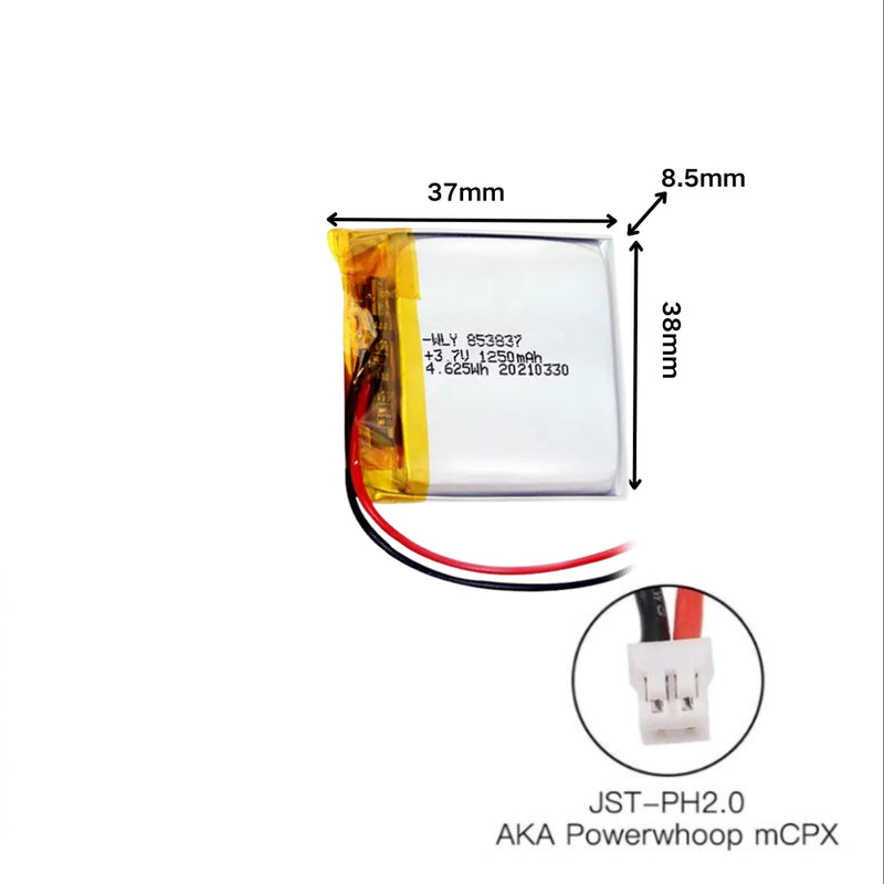 Cargue la imagen en el visor de la galería, [PH2.0-JST Connector][853837] Universal 1250mAh 3.7V Rechargeable Li-Ion Lithium Polymer Battery - Polar Tech Australia
