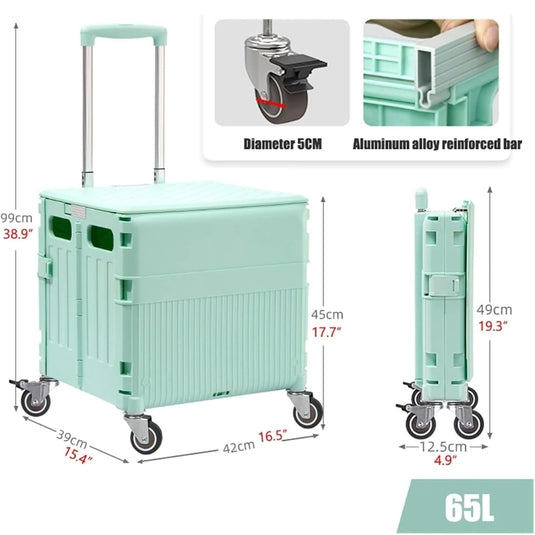 Foldable Utility Cart with Lid Storage Box and Universal Wheels for Grocery, Travel, and Outdoor Use
