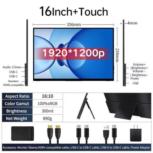 [AF16] 16 Inch 1920*1200p & 2.5k FHD Touch Screen Portable Monitor with Type-C USB HDMI-Compatible for Expand Mobile PC Laptop Game Display ERESE