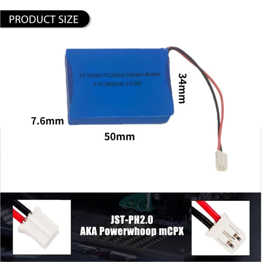 [PH2.0-JST Connector][763448] Universal 2600mAh 3.7V Rechargeable Li-Ion Lithium Polymer Battery - Polar Tech Australia