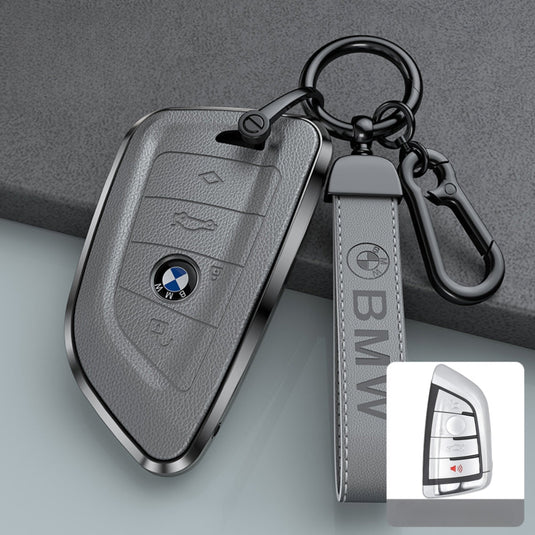 BMW Zinc Alloy + Leather Protection Car Key Fob Case Cover For 1, 2, 3, 5, 7 Series, X3, X5, X6