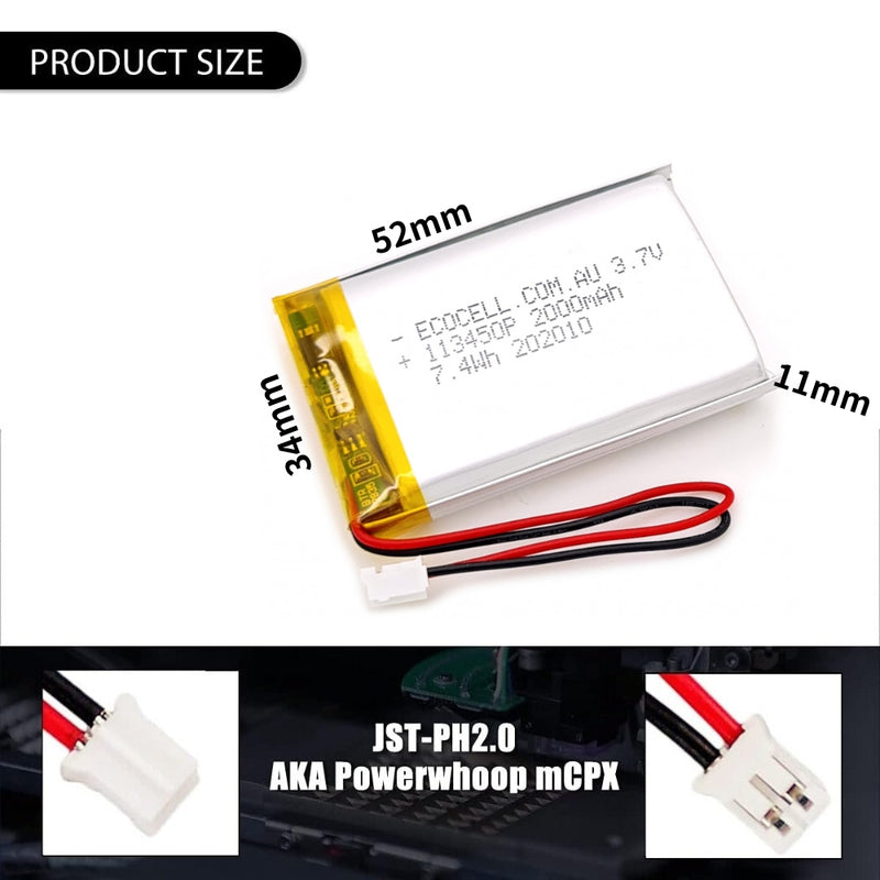 Chargez l&#39;image dans la visionneuse de la galerie, [PH2.0-JST Connector][113450] Universal 2000mAh 3.7V Rechargeable Li-Ion Lithium Polymer Battery - Polar Tech Australia
