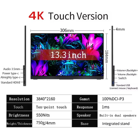 [SU13] 13.3 Inch 4K OLED Portable Monitor AMOLED 100% DCI-P3 USB-C Second Gaming Screen for Laptop Xbox Switch PS5/4 Macbook