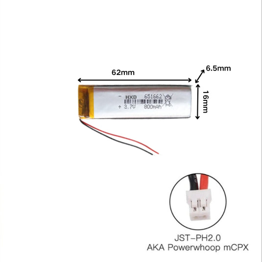 [PH2.0-JST Connector][651662] Universal 800mAh 3.7V Rechargeable Li-Ion Lithium Polymer Battery - Polar Tech Australia