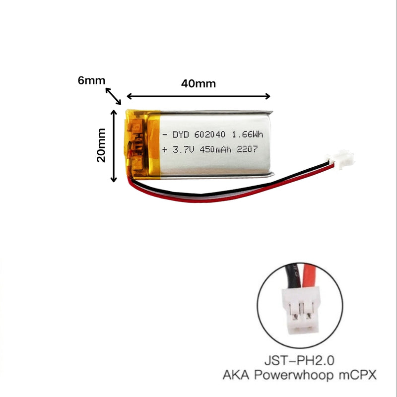 Cargue la imagen en el visor de la galería, [PH2.0-JST Connector][602040] Universal 450mAh 3.7V Rechargeable Li-Ion Lithium Polymer Battery - Polar Tech Australia
