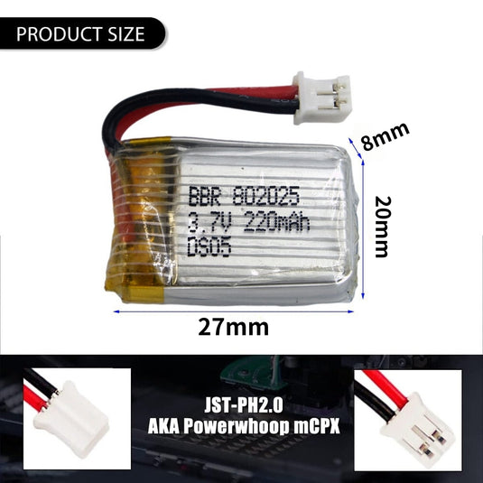 [PH2.0-JST Connector][802025] Universal 220mAh 3.7V Rechargeable Li-Ion Lithium Polymer Battery - Polar Tech Australia