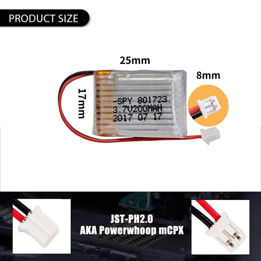 [PH2.0-JST Connector][801723] Universal 200mAh 3.7V Rechargeable Li-Ion Lithium Polymer Battery - Polar Tech Australia
