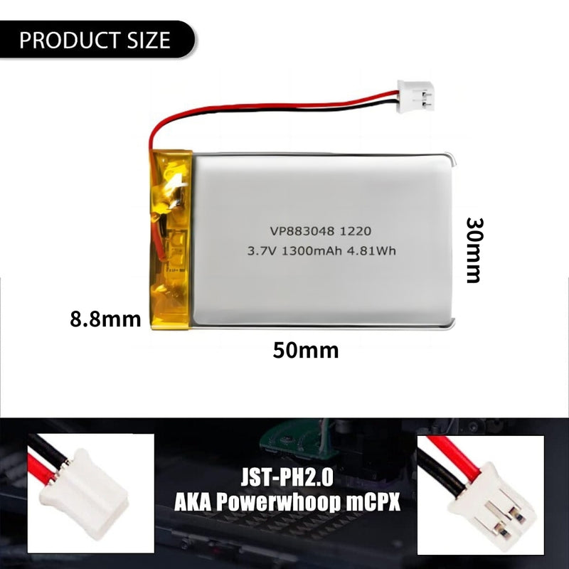 Cargue la imagen en el visor de la galería, [PH2.0-JST Connector][883048] Universal 1300mAh 3.7V Rechargeable Li-Ion Lithium Polymer Battery - Polar Tech Australia

