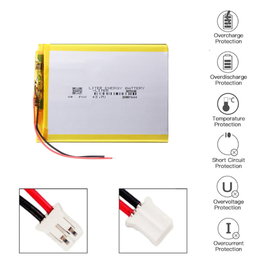 [PH2.0-JST Connector][3070100] Universal 2500mAh 3.7V Rechargeable Li-Ion Lithium Polymer Battery - Polar Tech Australia
