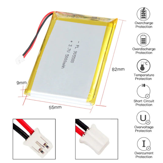 [PH2.0-JST Connector][905580] Universal 5000mAh 3.7V Rechargeable Li-Ion Lithium Polymer Battery - Polar Tech Australia
