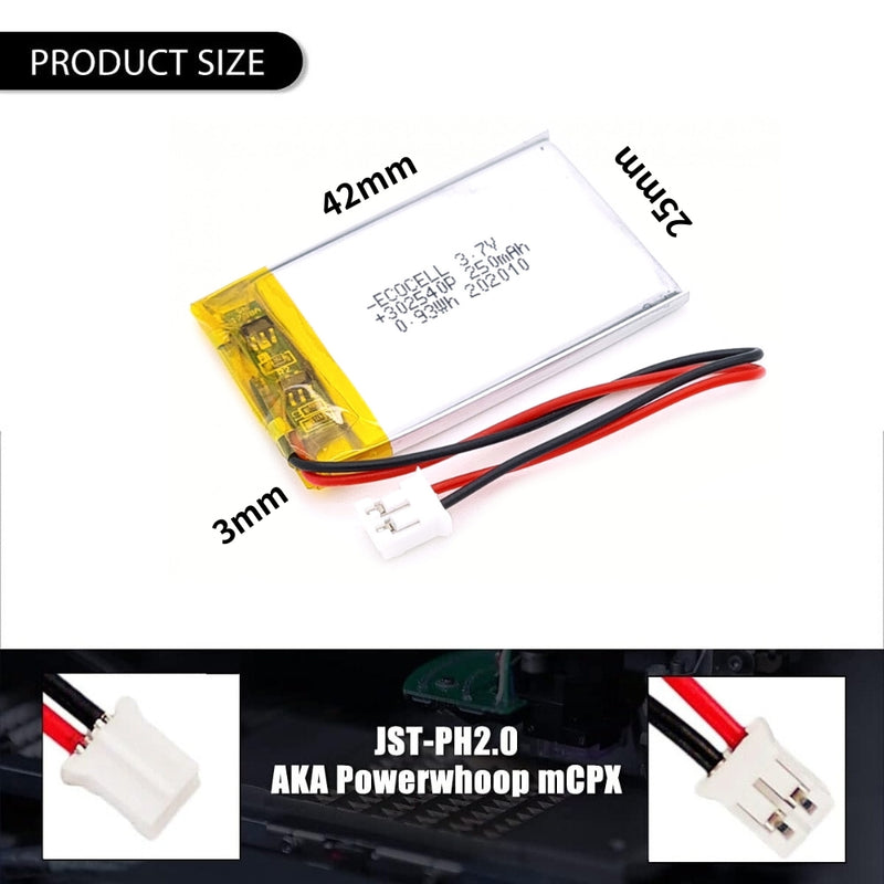 Cargue la imagen en el visor de la galería, [PH2.0-JST Connector][302540] Universal 250mAh 3.7V Rechargeable Li-Ion Lithium Polymer Battery - Polar Tech Australia
