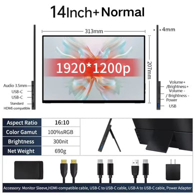 [AF14] 14 Inch 1920*1200p & 2.5k FHD Touch Screen Portable Monitor with Type-C USB HDMI-Compatible for Expand Mobile PC Laptop Game Display ERESE