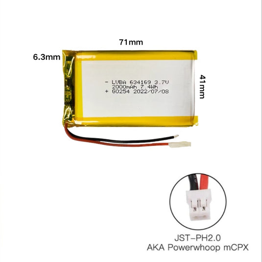 [PH2.0-JST Connector][634169] Universal 2000mAh 3.7V Rechargeable Li-Ion Lithium Polymer Battery - Polar Tech Australia