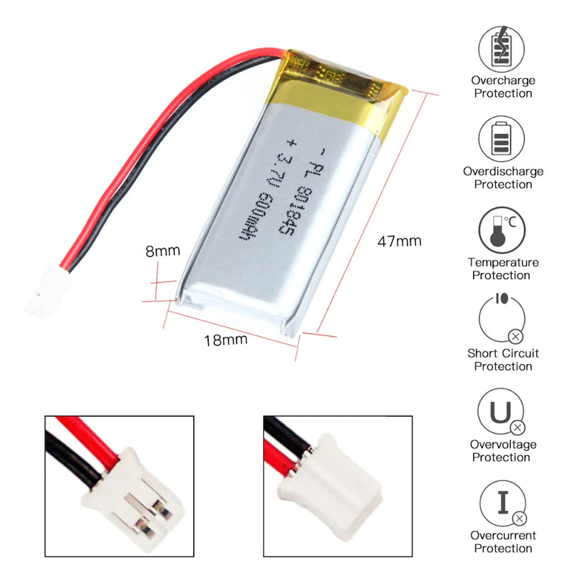 Chargez l&#39;image dans la visionneuse de la galerie, [PH2.0-JST Connector][801845] Universal 600mAh 3.7V Rechargeable Li-Ion Lithium Polymer Battery - Polar Tech Australia
